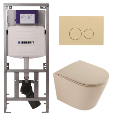 QeramiQ Dely Toiletset - 36.3x51.7cm - diepspoel - rimless - Geberit UP320 inbouwreservoir - softclose toilet zitting - bedieningsplaat beige - ronde knoppen - mat beige
