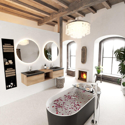 MONDIAZ BUKLA 160cm badmeubel met open module 40 kleur Washed Oak met 2 lades. Wastafel CLOUD dubbel 2 kraangaten kleur Urban.