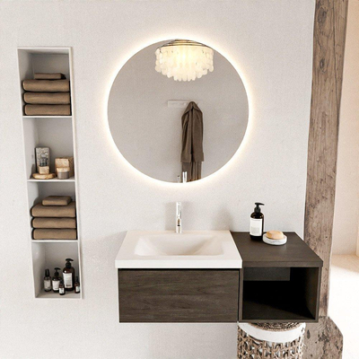 MONDIAZ BUKLA 100cm badmeubel met open module 40 kleur Dark Brown met 1 lade. Wastafel CLOUD links 1 kraangat kleur Talc.
