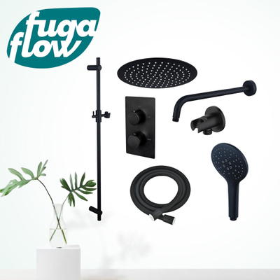 FugaFlow Eccelente Sobrado Badkamer Inbouw Regendoucheset - thermostatisch - wandarm -glijstang - 25cm hoofddouche - handdouche rond - zwart mat