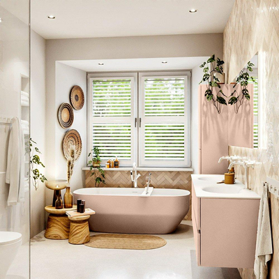 MONDIAZ Vica Badkamermeubelset - 160cm - onderkast rosee - 4 lades - wastafel moon dubbel - 2 kraangaten - 60cm hoge versie - talc