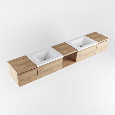 MONDIAZ BUKLA 240cm badmeubel met open module 40 midden kleur Washed Oak met 4 lades. Wastafel CLOUD dubbel 2 kraangaten kleur Talc.