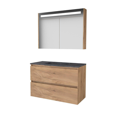 Basic-Line Premium 46 badkamermeubelset - 100x46cm - greeploos - 2 lades - hardsteen wastafel - 1 kraangat - Spiegelkast - geintegreerde LED verlichting - MFC Whisky Oak