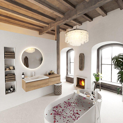 MONDIAZ BUKLA 140cm badmeubel met module 60 kleur Washed Oak met 2 lades. Wastafel CLOUD links 1 kraangat kleur Talc.