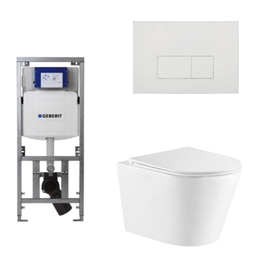 QeramiQ Dely Toiletset - 36.3x51.7cm - diepspoel - rimless - Geberit UP320 Burda inbouwreservoir - softclose toiletzitting - glans witte bedieningsplaat - rechthoekige knoppen - wit mat