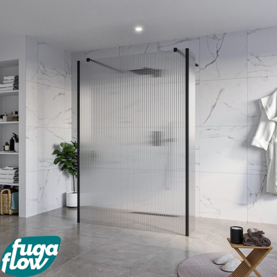 FugaFlow Eccelente Vetro Vrijstaande inloopdouche badkamer - 140x200cm - Helder geribbeld - antikalk - 8mm veiligheidsglas - 2 zijwanden 40cm - met wandarmen en hoekprofielen - Zwart mat -
