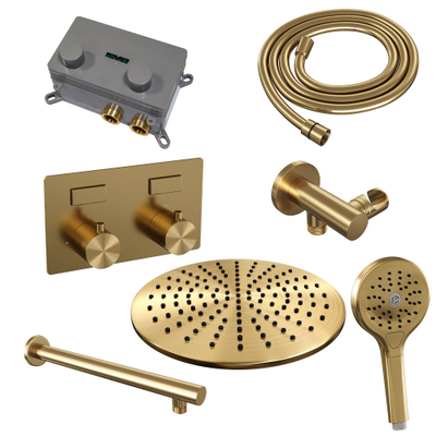 BRAUER Gold Edition Thermostatische Regendouche inbouw - drukknoppen - SET 56 - 30cm hoofddouche - rechte muurarm - 3 standen handdouche - doucheslang - wandaansluitbocht - goud geborsteld PVD