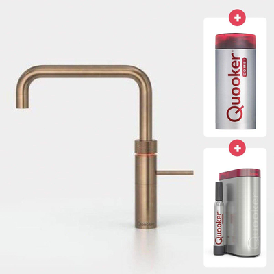 Quooker NL Fusion square kokendwaterkraan opbouw uitloop draaibaar met Combi+ reservoir & Cube reservoir messing patina