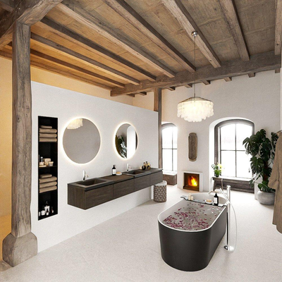 MONDIAZ BUKLA 240cm badmeubel met module 60 rechts kleur Dark Brown met 4 lades. Wastafel CLOUD dubbel 2 kraangaten kleur Urban.