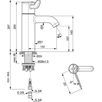 Ideal Standard Ceraplus 2 wastafelkraan thermostatisch m. vaste zelflegende uitloop m. hendel 12cm geschikt voor thermische desinfectie chroom