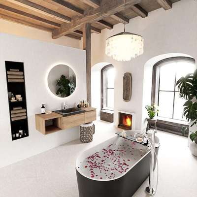 MONDIAZ BUKLA 140cm badmeubel met open module 40 links kleur Washed Oak met 2 lades. Wastafel CLOUD midden 1 kraangat kleur Urban.