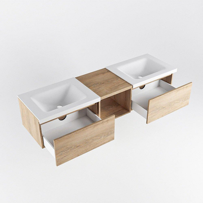 MONDIAZ BUKLA 160cm badmeubel met open module 40 kleur Washed Oak met 2 lades. Wastafel CLOUD dubbel 2 kraangaten kleur Talc.