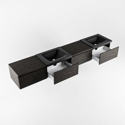 MONDIAZ BUKLA 240cm badmeubel met module 60 links kleur Dark Brown met 4 lades. Wastafel CLOUD dubbel 0 kraangaten kleur Urban.