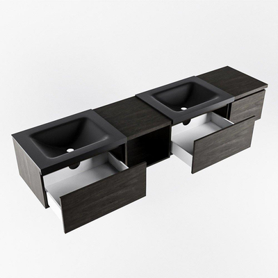 MONDIAZ BUKLA 200cm badmeubel met open module 40 links kleur Dark Brown met 3 lades. Wastafel CLOUD dubbel 0 kraangaten kleur Urban.