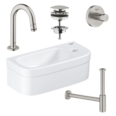 GROHE Euro fonteinset 37x18cm 1 kraangat zonder overloop gebogen super steel kraan sifon afvoerplug handdoekhaak fontein Rechthoek wit