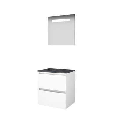 Basic-Line Economic 46 badkamermeubelset - 60x46cm - greeploos - 2 lades - hardsteen wastafel - 1 kraangat - Spiegel - geintegreerde LED verlichting - MDF lak Ice White