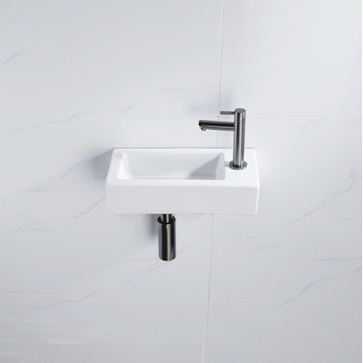 QeramiQ Fuente Fonteinset - 37.5x18.5x9cm - keramiek - kraangat rechts - fonteinkraan gunmetal - afvoerplug - verlaagd sifon - Glans wit