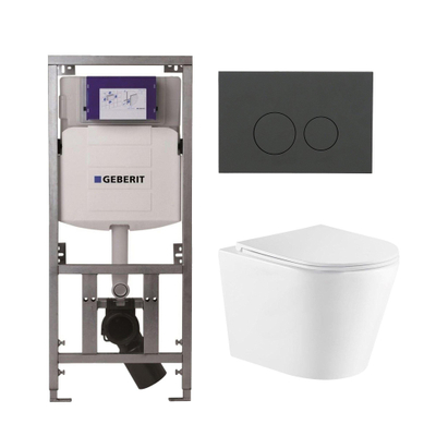 QeramiQ Dely Toiletset - 36.3x51.7cm - diepspoel - rimless - Geberit UP320 Burda inbouwreservoir - softclose toiletzitting - bedieningsplaat mat antraciet - ronde knoppen - wit mat