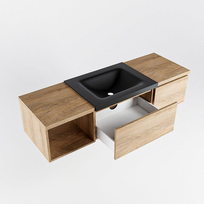 MONDIAZ BUKLA 140cm badmeubel met open module 40 links kleur Washed Oak met 2 lades. Wastafel CLOUD midden 0 kraangaten kleur Urban.