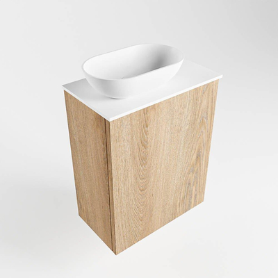 Mondiaz Fowy Toiletmeubel - 40x50x23cm - washed oak mat - 1 kraangat - wasbak links - 1 deur - solid surface - blad Melamine - wasbak: Wit / Zwart