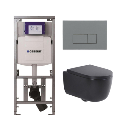 QeramiQ Dely Swirl Toiletset - 36.3x51.7cm - Geberit UP320 Burda inbouwreservoir - slimzitting - bedieningsplaat licht grijs - rechthoekige knoppen - mat zwart