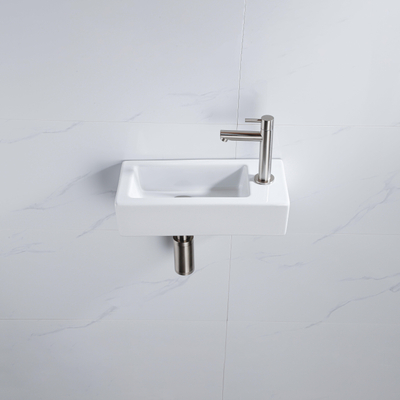 QeramiQ Fuente Fonteinset - 37.5x18.5x9cm - keramiek - kraangat rechts - fonteinkraan geborsteld RVS - afvoerplug - verlaagd sifon - Glans wit