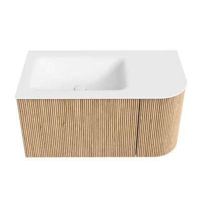 MONDIAZ KURVE 85cm badmeubel met module 25 R kleur Oak met 1 lade en 1 deur. Wastafel CLOUD links zonder kraangat Talc.