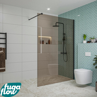 FugaFlow Eccelente Vetro inloopdouche badkamer - 140x200cm - rookglas - wandarm - mat zwart