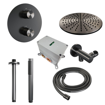 BRAUER Gunmetal Edition thermostatische Inbouw Regendouche - 3-weg - rond - set 78 - 30cm hoofddouche - plafondarm - staaf handdouche - doucheslang - wandaansluitbocht - gunmetal geborsteld PVD