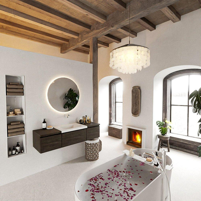 MONDIAZ BUKLA 140cm badmeubel met module 40 kleur Dark Brown met 3 lades. Wastafel CLOUD midden 0 kraangaten kleur Talc.