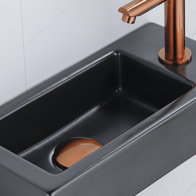 QeramiQ Fuente Fonteinset - 37.5x18.5x9cm - keramiek - kraangat rechts - fonteinkraan geborsteld koper - afvoerplug - verlaagd sifon - Mat Zwart