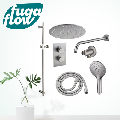 FugaFlow Eccelente Sobrado Badkamer Inbouw Regendoucheset - thermostatisch - wandarm -glijstang - 25cm hoofddouche - handdouche rond - geborsteld RVS PVD