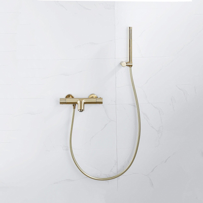 FugaFlow Eccelente Sobrado Badkamer Thermostatische badkraan met staafhanddouche, handdouchehouder en gladde doucheslang Geborsteld Messing PVD