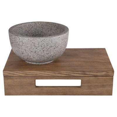 Differnz fonteinset - 40x21x10cm - Rechthoek - 0 kraangaten - grijs/grof terazzo waskom - Hout bruin eiken