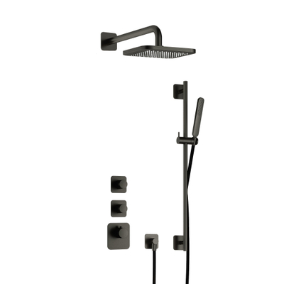 Hotbath Gal IBS40 complete thermostatische high flow douche inbouwset met 2 stopkranen met 35cm wandarm 22cm vierkante hoofddouche staafhanddouche met glijstang Gunmetal geborsteld PVD