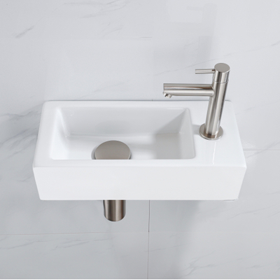 QeramiQ Fuente Fonteinset - 37.5x18.5x9cm - keramiek - kraangat rechts - fonteinkraan geborsteld RVS - afvoerplug - verlaagd sifon - Mat wit