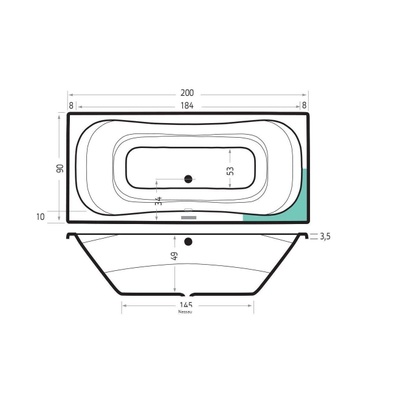 Xenz Nassau ligbad - 200x90cm - met overloop - zonder afvoer - Acryl Ebony mat