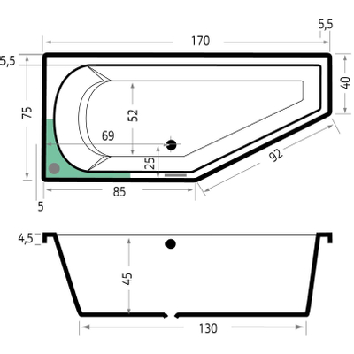 Xenz Lagoon compact ligbad - 170x75cm - met overloop - zonder afvoer - Hoekopstelling links - Acryl Wit