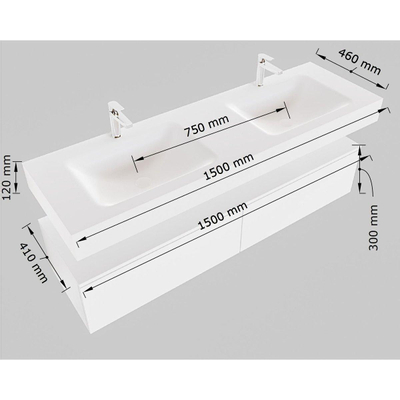 MONDIAZ ALAN 150cm - onderkast - talc - 2 lades - vrijhangende wastafel - 2 wasbakken - 2 kraangaten - urban