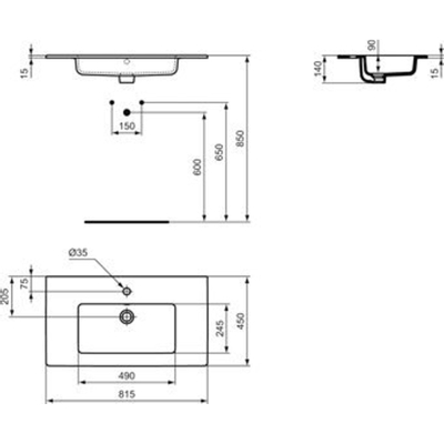 Ideal Standard Tiempo Wastafel H14xD45cm 1 kraangat rechthoek Keramiek Wit