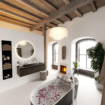 MONDIAZ BUKLA 120cm badmeubel met module 40 kleur Dark Brown met 2 lades. Wastafel CLOUD links 1 kraangat kleur Urban.