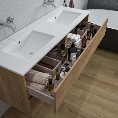 Adema Chaci Badkameronderkast - 140cm - 4 lades - greeploos - wit keramieke wastafel - overloop - 2 wasbakken - zonder kraangaten - eiken