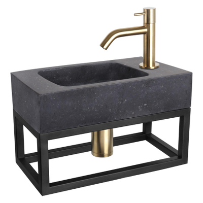 Differnz Bombai fonteinset - 40x22x9cm - Rechthoek - 1 kraangat - Gebogen matte goude kraan - met zwart frame - Natuursteen Zwart