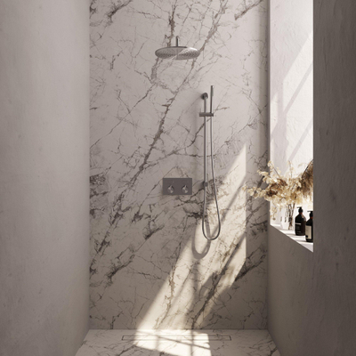 BRAUER Brushed Edition Thermostatische Regendouche inbouw - drukknoppen - SET 64 - 30cm hoofddouche - gebogen muurarm - staaf handdouche - doucheslang - geïntegreerde glijstang - RVS geborsteld PVD