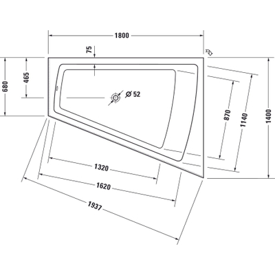 Duravit Paiova bad acryl afgeschuind 180x140x46cm rechts met aangevormd paneel en frame wit