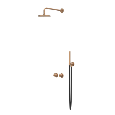 IVY Tribe Regendoucheset - inbouw - symmetry - 2-weg stop-omstel - 30cm plafondbuis - 30cm medium hoofddouche - houder met uitlaat - 150cm doucheslang - staafmodel handdouche - RVS316 - geborsteld mat koper PVD