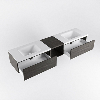 MONDIAZ BUKLA 200cm badmeubel met open module 40 kleur Dark Brown met 2 lades. Wastafel CLOUD dubbel 0 kraangaten kleur Talc.