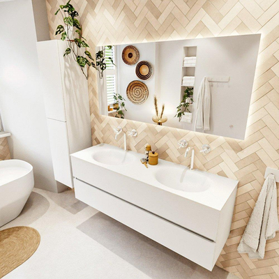 MONDIAZ VICA 150cm badmeubel onderkast Talc 2 lades. Wastafel MOON dubbel 2 kraangaten, kleur Talc.