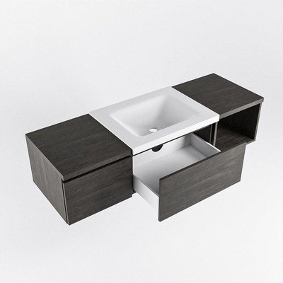 MONDIAZ BUKLA 140cm badmeubel met open module 40 rechts kleur Dark Brown met 2 lades. Wastafel CLOUD midden 1 kraangat kleur Talc.