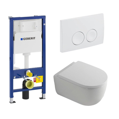 QeramiQ Dely Swirl Toiletset - 36.5x53cm - Geberit UP100 inbouwreservoir - 35mm zitting - witte bedieningsplaat - ronde knoppen - wit mat